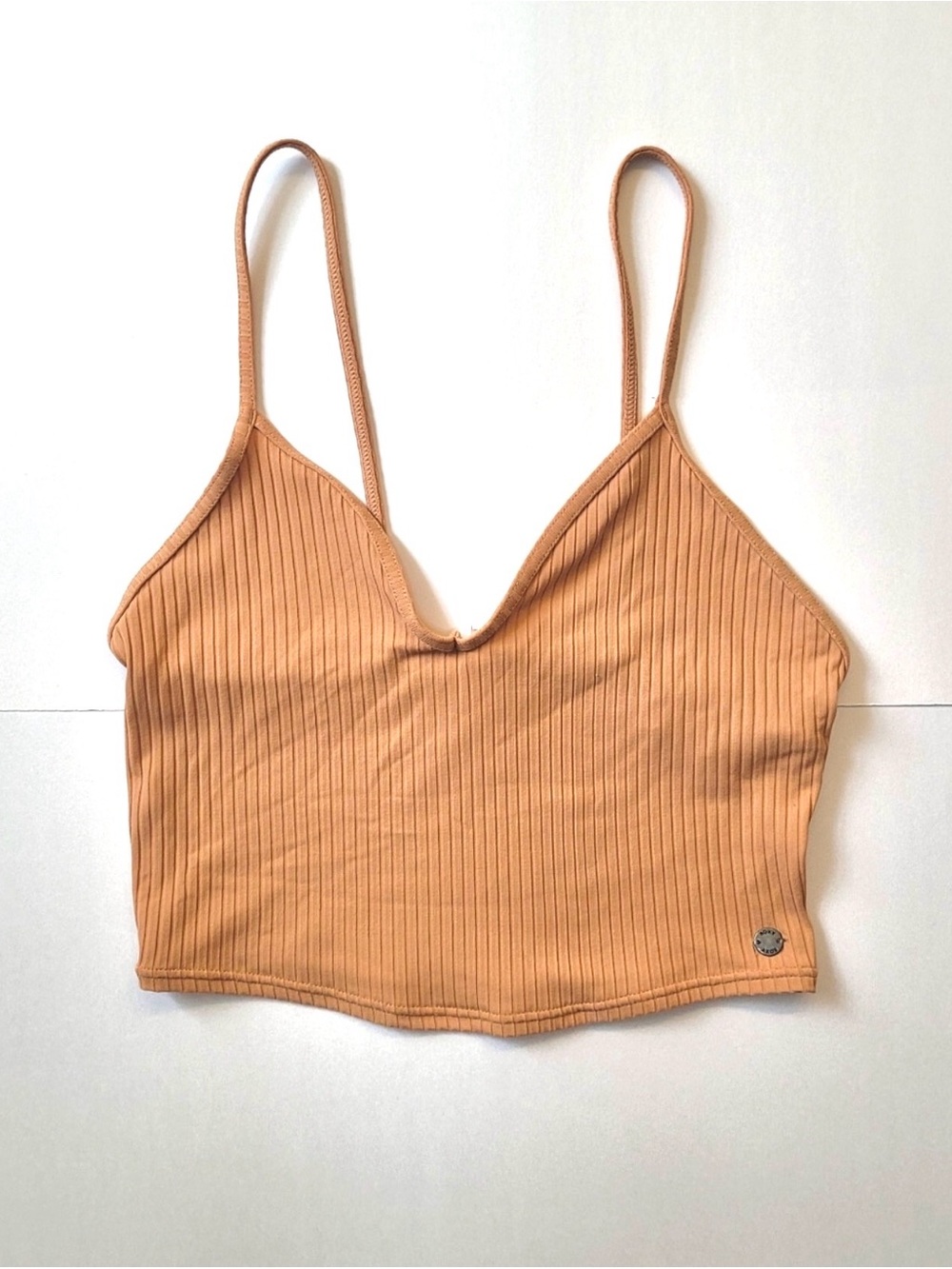 Roxy Ribbed Brami Strappy Crop Top Tan V-Neck S